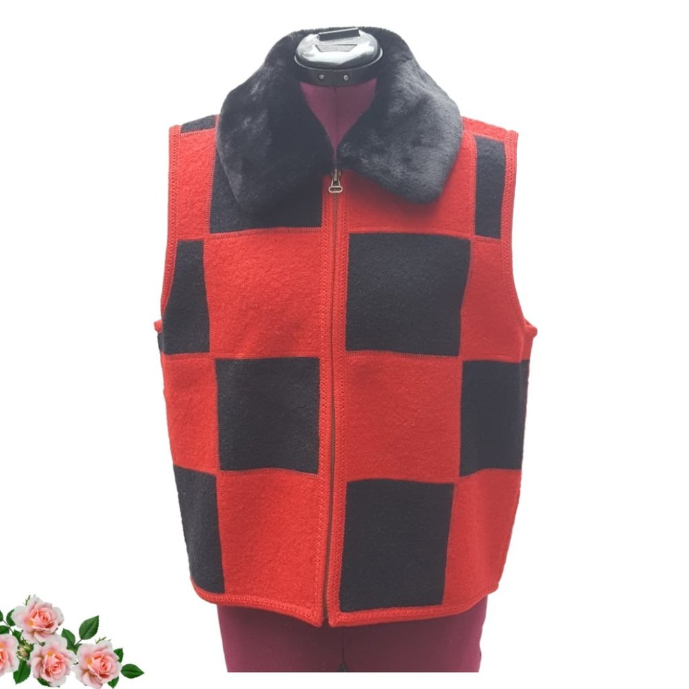 Tally Ho Wool & Faux Fur Vest Red Black Zip Up Red Black Checked Women's Size L